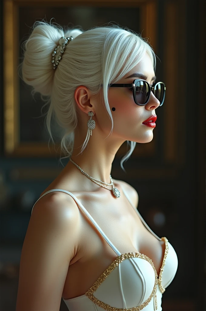 woman in profile, White hair, double buns hairstyle , mouth with dark red lipstick, Grinning, Machiavellian look, small black mole on her cheek, medium breasts, photo for mobile wallpaper, silver hair ornament, white gown com sutiã dourado, sunglasses, white gown, profile picture looking right,