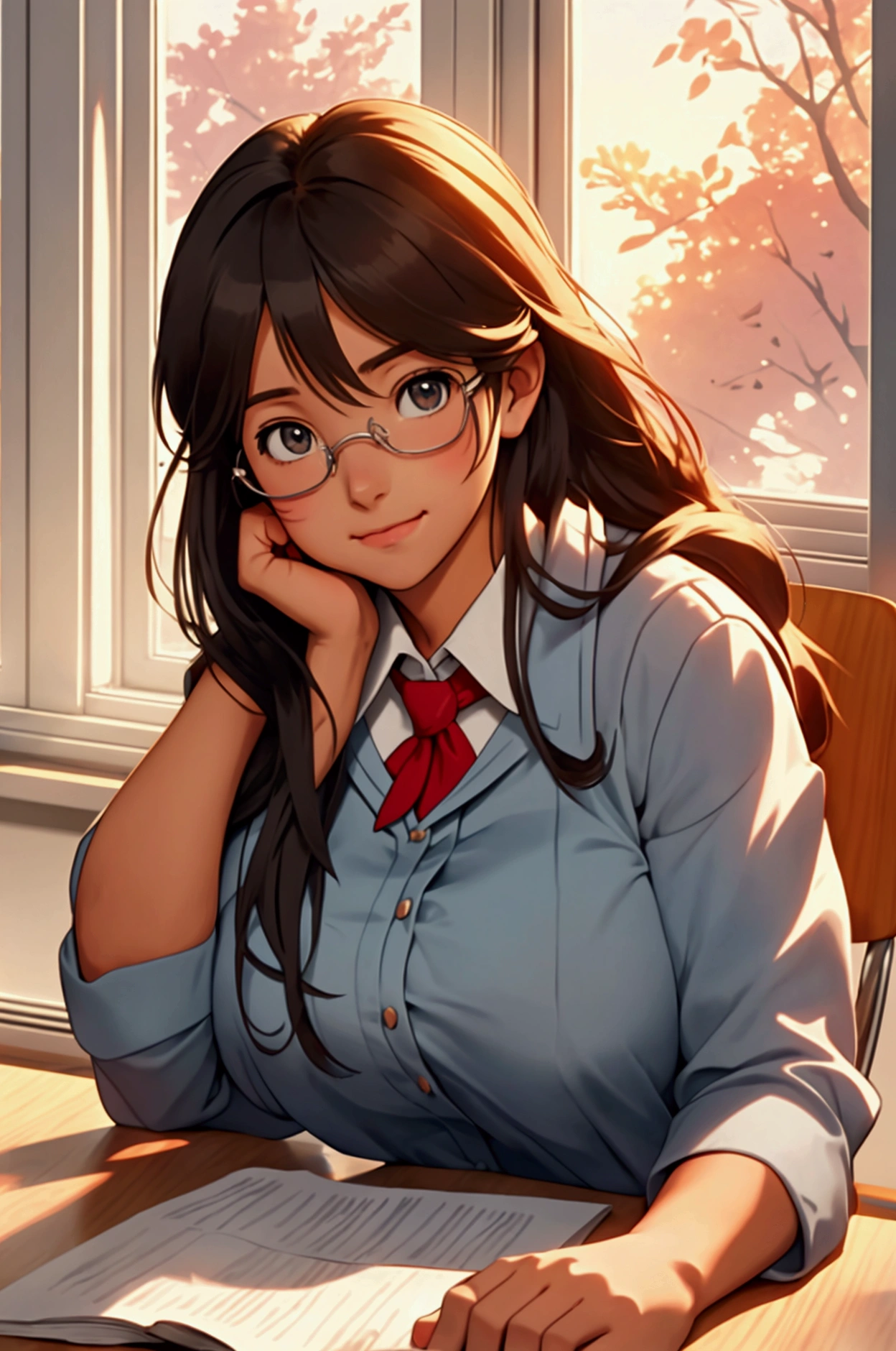 school, big Alan a girl at a desk, a girl sits at a desk and leans her head on the desk on the side of the window, she looks towards the window, sunset outside, the sun's rays enter the classroom, anime style, ghibli