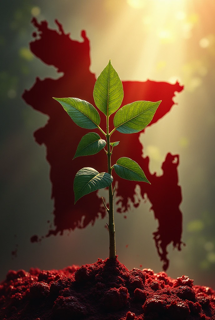 From the left side, the bloody map of Bangladesh is covered with blood on a sapling , and on the right, sunlight is falling on the sapling.