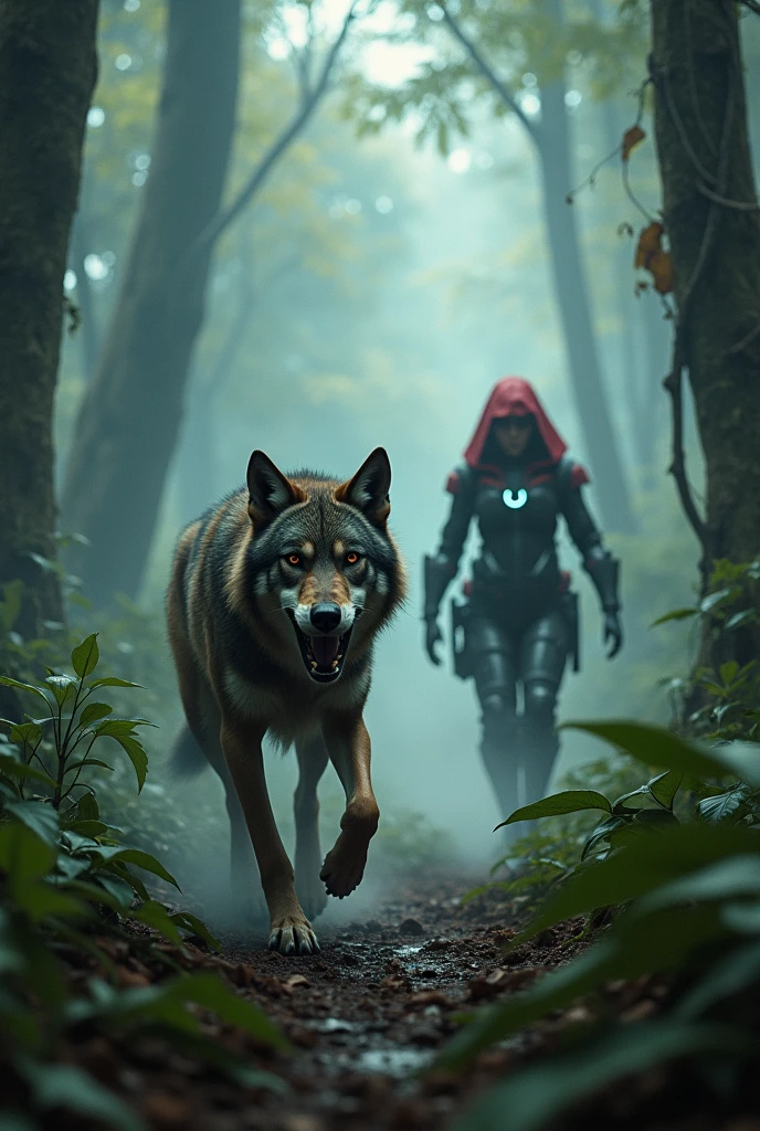 A wolf running in a tropical forest full of mist and very scared, running away from little red riding hood who dresses like a cyperpunk huntress