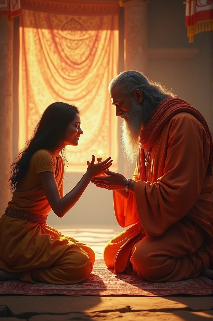 3D AI IMAGE create "A heartwarming scene where Guru Matsyendra Nath blesses the woman with prasad, offering her hope of a son. The woman’s tearful face reflects both hope and doubt. The setting should be rustic and spiritual, with a feeling of divine grace.