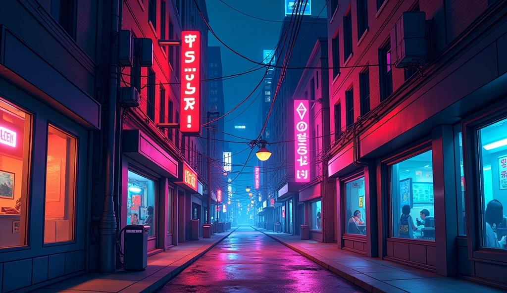 Street scene close-up at night neon lights no pedestrians cartoon texture vertical street no text