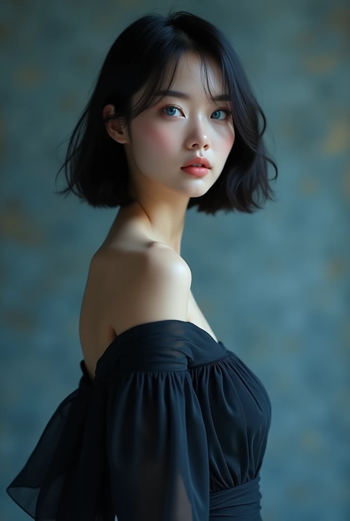 (photorealism:1.2), beautiful woman, cool colors, short straight hair, standing, wearing black long dress, Asian beauty, blue eyes