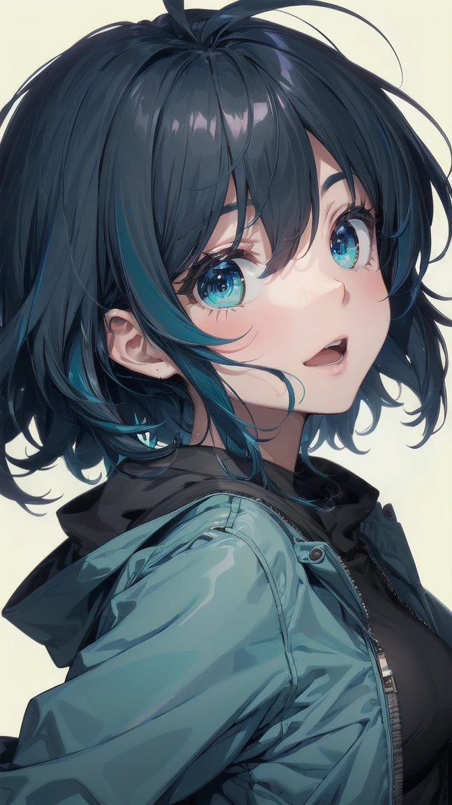 Close-up of a manga girl with blue hair and a yellow shirt, 2D Animation, 2D Animation style, 2D Art, 2D Art, 2D from Gorillaz, 2D from Gorillaz, 2D Gorillaz, Screaming Cerket, 2D Sprite, Jinx Face, short hair, Small breasts, hot pants, ((Black Hair, Inner bright blue hair:1.4))