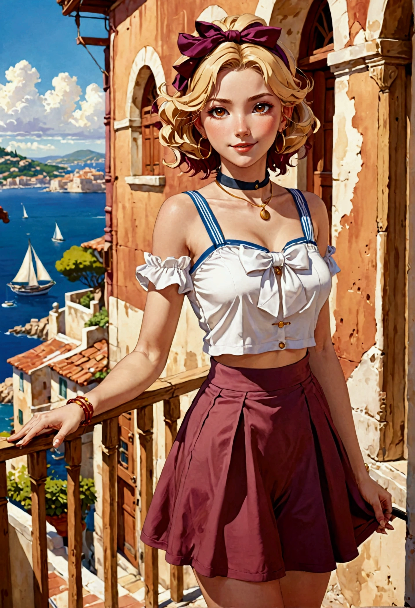 Create a vibrant anime-style illustration of a charismatic young woman in a Mediterranean coastal town. The character should have wavy blonde hair with reddish highlights, styled with a burgundy headband. Her expressive amber eyes and confident smile should convey a mix of allure and mischief. Dress her in a revealing white crop top with purple trim and burgundy bows on the shoulders. Pair this with a high-waisted burgundy skirt or shorts. Accessorize with gold hoop earrings and a choker necklace. Set the scene in a sun-drenched port town with terracotta-roofed buildings, arched doorways, and wooden balconies. Include a glimpse of a sailboat's mast in the distance and a clear blue sky with wispy clouds. Use a warm color palette dominated by ochres, terracottas, and azure blues. Employ cel-shading techniques with bold outlines and vibrant colors to create a distinctive anime aesthetic. Add intricate details like the texture of the stone buildings, the character's wind-tousled hair, and the play of sunlight on surfaces. Include subtle background elements like a distant figure in a doorway to add depth and life to the scene. The overall composition should evoke a sense of adventure and romance in a picturesque coastal setting.