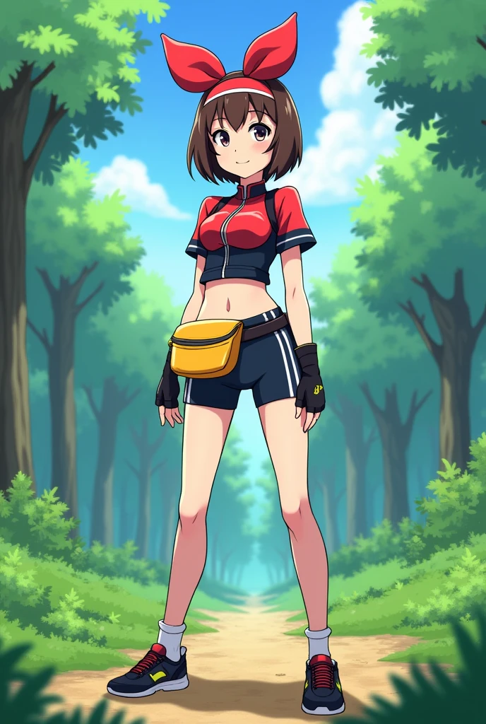 The image shows a realistic photo of a young female character standing confidently in a lush forest setting. She is wearing a red and black short-sleeved top with a zipper, which exposes her midriff by ending just above the waistline. Her dark blue, form-fitting shorts with a white horizontal stripe near the bottom reach mid-thigh. She has a yellow waist pouch secured with a black belt, black fingerless gloves with red trim, and sporty black shoes with yellow highlights, paired with white ankle socks. Her brown, shoulder-length bob haircut is complemented by a large red bow or headband with a white semicircle design on top. The background is filled with tall green trees and a bright blue sky, creating a vibrant outdoor atmosphere.