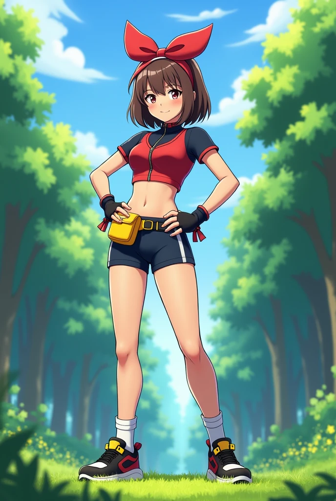 The image shows a realistic photo of a young female character standing confidently in a lush forest setting. She is wearing a red and black short-sleeved top with a zipper, which exposes her midriff by ending just above the waistline. Her dark blue, form-fitting shorts with a white horizontal stripe near the bottom reach mid-thigh. She has a yellow waist pouch secured with a black belt, black fingerless gloves with red trim, and sporty black shoes with yellow highlights, paired with white ankle socks. Her brown, shoulder-length bob haircut is complemented by a large red bow or headband with a white semicircle design on top. The background is filled with tall green trees and a bright blue sky, creating a vibrant outdoor atmosphere.