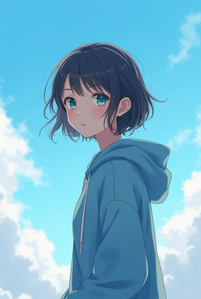 A girl wearing a blue hoodie with a beautiful sky