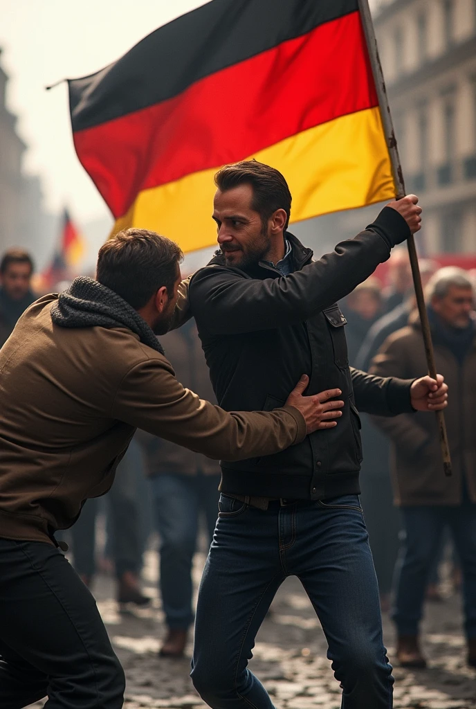 A man takes away a man&#39;s German flag