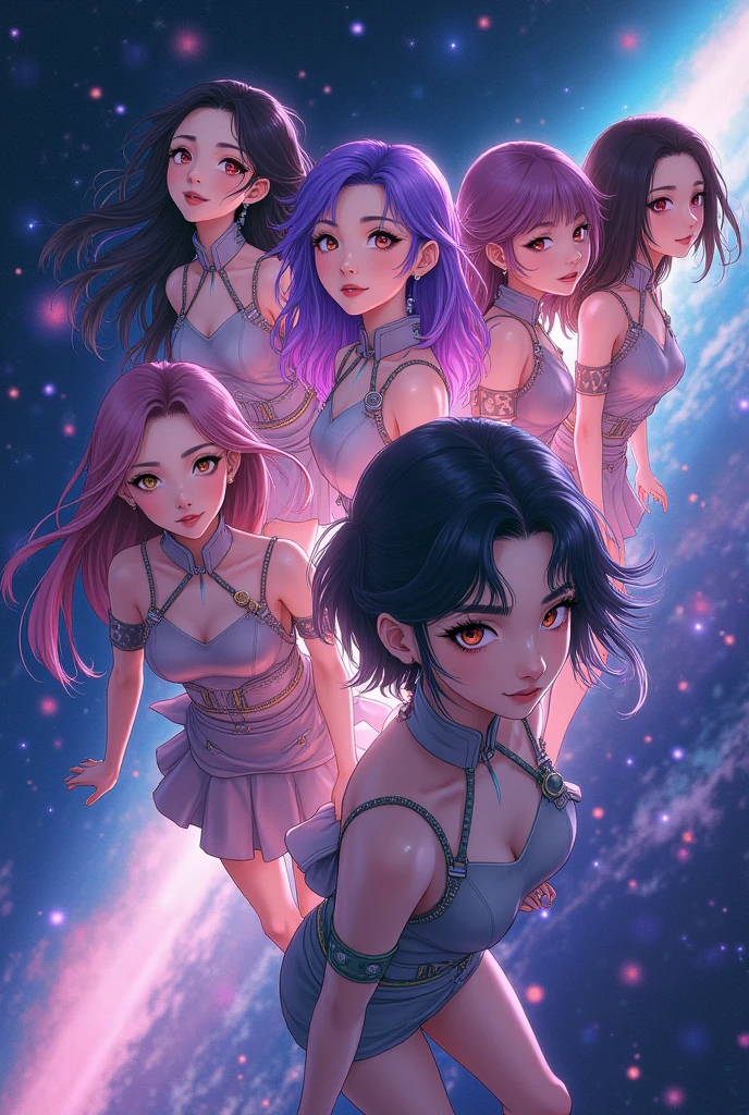 Six girls with different hair styles two should have purple hair and the rest black hair in space wearing kpop outfits