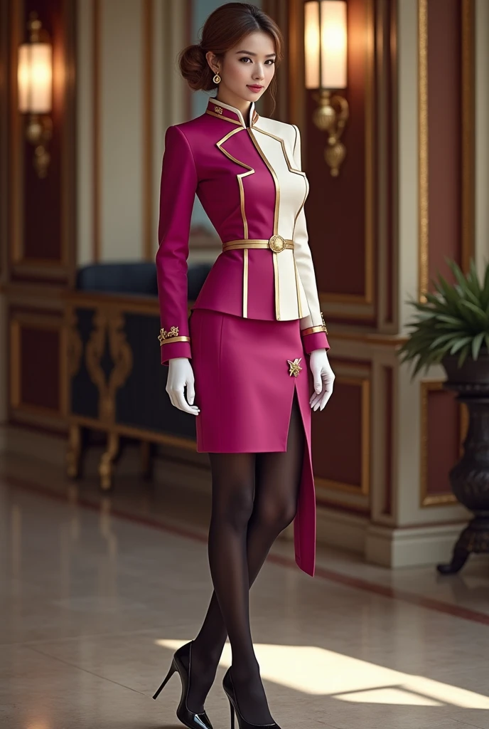 Uniform for stewardess with long-sleeved blazer and skirt with slit on the left leg in magenta and white with gold details, white gloves, black tights and black heels with hat and scarf