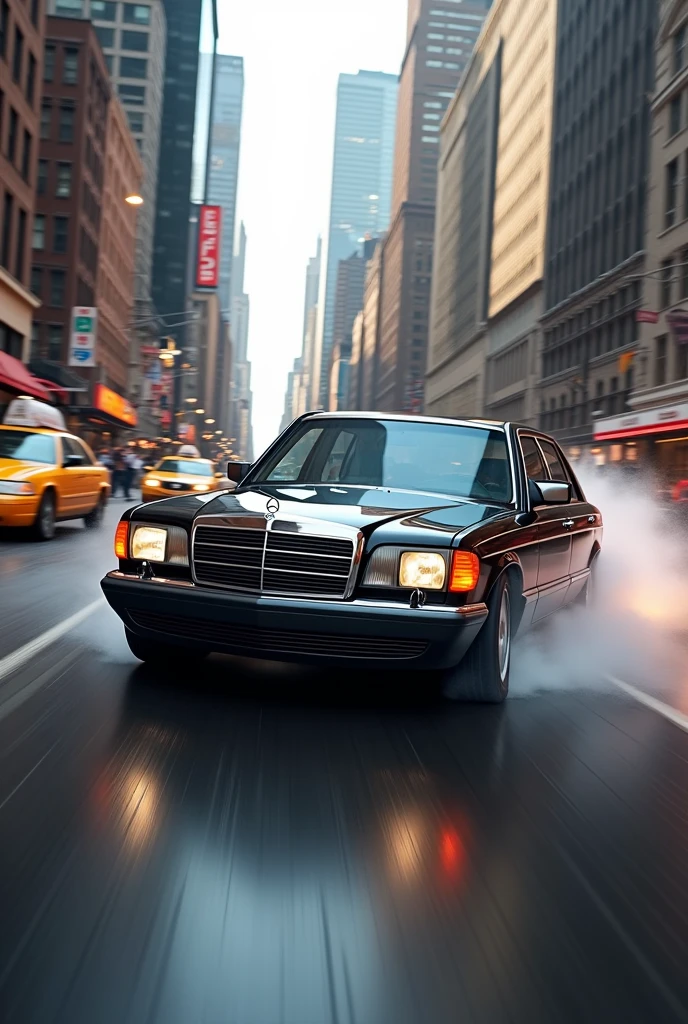 Classic Mercedes 190e in black colour on road full speed in newyork city streets 