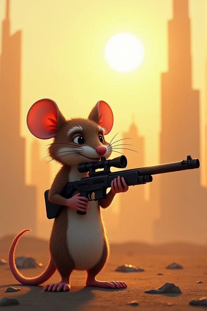 Mouse stendup two legs in hand sniper rifle aem cat sun sad Dubai rodes
