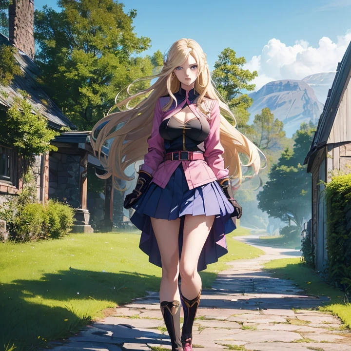 Anime Style, Character Design, HD, Best Quality, Masterpiece, High Details, High resolution, fantasy, carefully detailed, no deformities.
{{(1character: a 22 young woman civilisn:(very pale skin, long straight blonde hair, she stands 1,83 meters tall, voluptuous body complexion, blue eyes, sharp nose, thin lips, medium breasts, nice hips),(pink jacket, blue skirt, black gloves, red belt, black shoes),(relaxed expression, sweet smile closed mouth, having a walk),(afternoon sky, norway fantasy city, city natural park, stone floor, green grass around the foor))}}