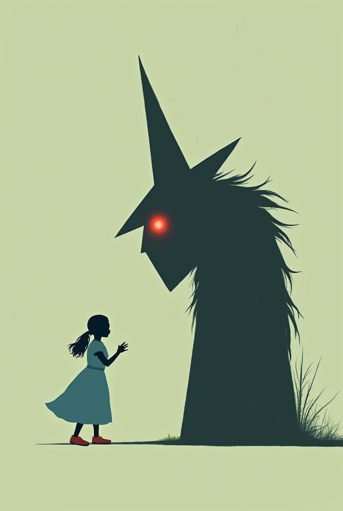 "A minimalist illustration of The Wizard of Oz, capturing the moment when Dorothy confronts the Wizard. Dorothy, depicted in a simple silhouette with her iconic blue dress and red shoes, stands facing a large, mechanical head. The head is stylized with bold, clean lines and minimal detail, glowing eyes emphasized in a striking contrast. Behind the head, a subtle shadow hints at the true figure of the wizard. The scene is designed with a limited color palette, focusing on green, black, and red, and features Olly Moss's signature use of negative space and clever visual composition."