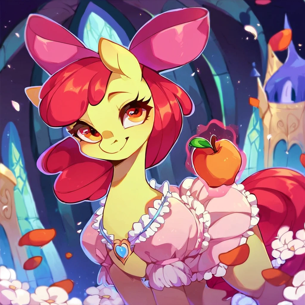 score_9, score_8_up, score_7_up, score_6_up, score_5_up, score_4_up, source_pony, source_furry, pony, princess, Apple Bloom, smile, closed one eye, magic, fantasy castle background, petals, heavy outline, clear outline,
