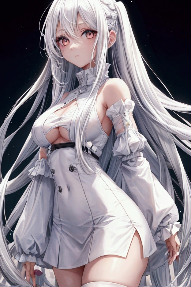 Girl with long white hair, white eyes, wearing a white outfit showing a little thigh