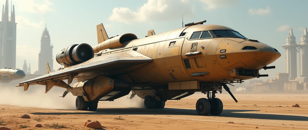 (photorealism:1.2), futuristic sci-fi military transport aircraft, advanced tech, heavy armored, heavy machine gun, light brown cammo painting,