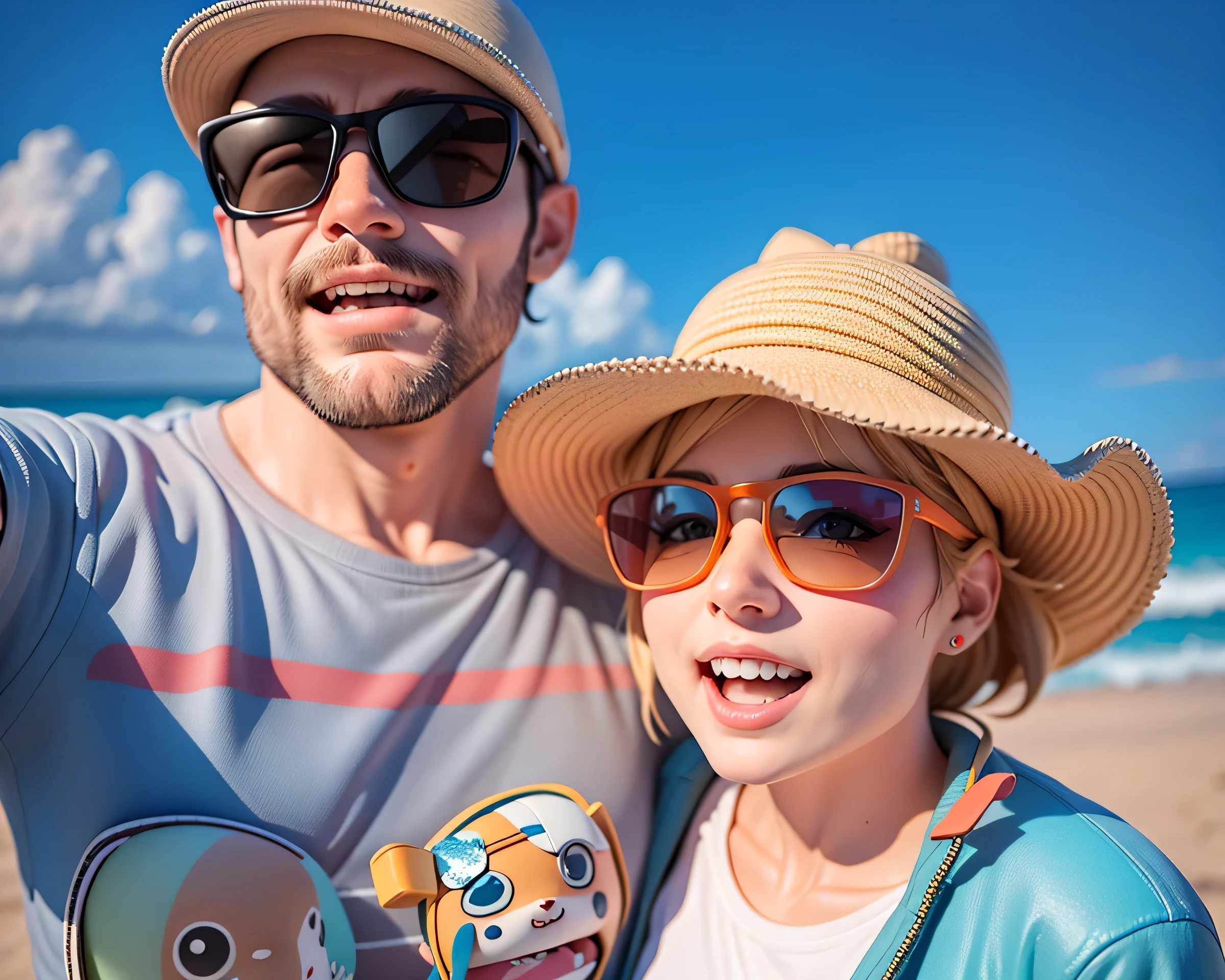 they are posing for a picture on the beach with their hats on, wearing sunglasses and a hat, profile image, wearing sunglasses and a cap, profile pic, with sunglass, wearing a travel hat, avatar image, standing near the beach, bright sunny day, on a sunny beach, profile picture, sunny day, vacation photo, wearing oakley sunglasseschibi,blindbox, plastican00d,(best quality, 4k, 8k, highres, masterpiece:1.2), ultra-detailed, playful, cartoon, cute, 3d rendering,