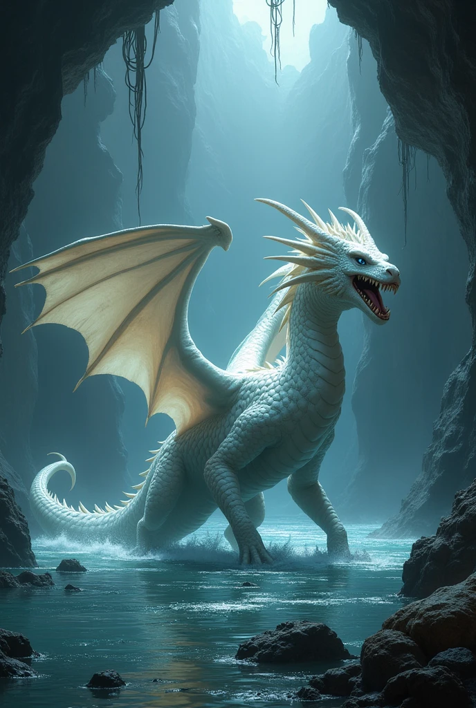 Side view of a beautiful 4 legged large female white dragon with extra large wings, long neck, serpent qualities, and angry blue snake eyes walking on all 4 legs in ankle deep water lake in a cave, fierce features, sharp teeth, long tail, spikes along head and back with serpent-like quality features, wings of the dragon are fully open.