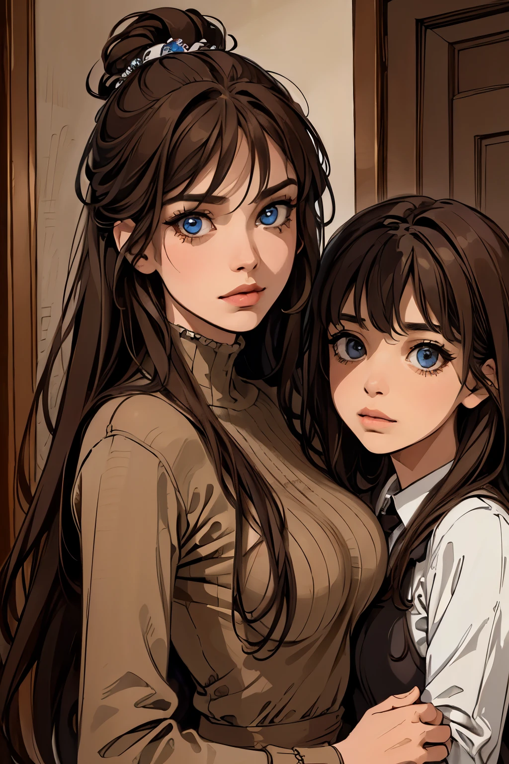 ( Absurdly , High quality , ultra detailed ) ,( hand detailed ) ,girl with her daughters, very long hair, beautiful crystal eyes ( eye detailed ) ,, elegant, colorful, highest detailed, upper body ,