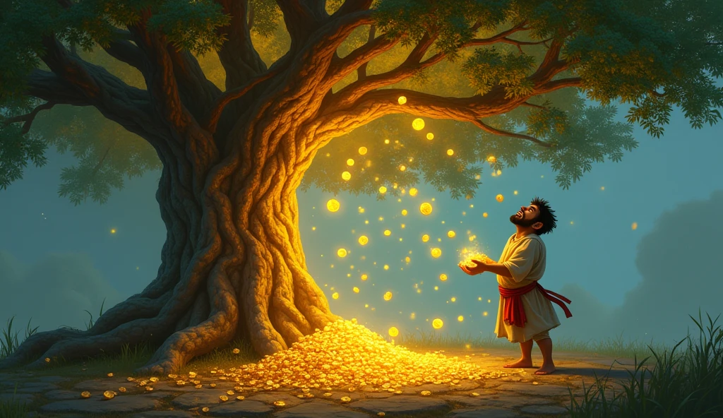 "The same ancient tree with a magical glow, now more vibrant and lively. Gold coins are raining down from the tree, greedy man named Somesh, wearing plain clothes is frantically collecting them in his hands and a bag. His face shows excitement and greed as he looks up at the tree with a wide smile. The magical aura around the tree intensifies, reflecting its power."