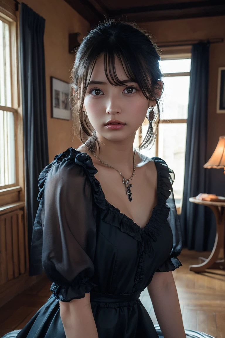 (Highest quality:1.4),(masterpiece:1.4),(Realistic:1.4),(Realistic:1.2),(超High resolution, RAW Photos:1.4),(High resolution, Ultra-detailed:1.2),(8k:1.2),View your viewers,Cinematic photography,One person,skeletally correct,Black-haired woman,Woman in her early 20s,(Small earrings,necklace,Gothic dress with lots of frills),(Western-style building interior,Dimly lit room,The lamplight shines on my cheeks,kneel)