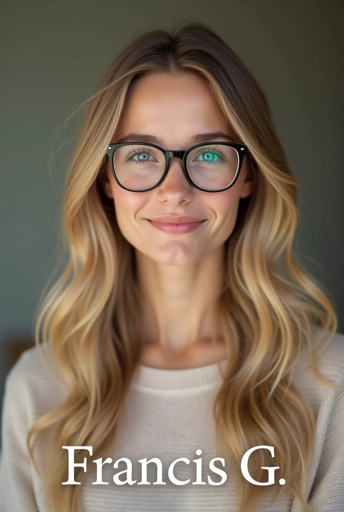 Blonde woman with glasses and text of her name Francis G 