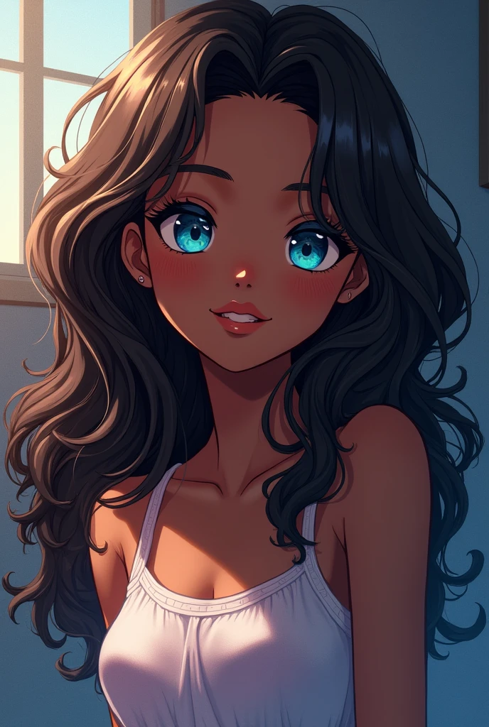 anime styling, black girl with big brown wavy hair, blue colored eyes