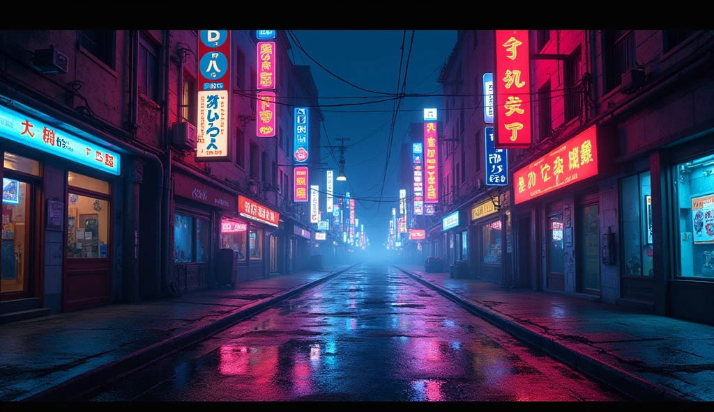Street close-up at night with neon lights and no pedestrians, animation texture and no text