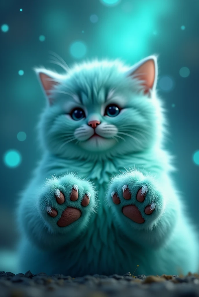 create a turquoise cat, realisitic, fluffly, he has his paws in front, leaning on the image, zoom na pata, the cat's face is blurred, the cat is behind, blurred in the background, nblurry background, gato fluffly, glad, super realisitic, high realism, the background is turquoise galaxy showing its paws to the viewer, paw art, perfect paw, cat cushions, turquoise galaxy background with stars