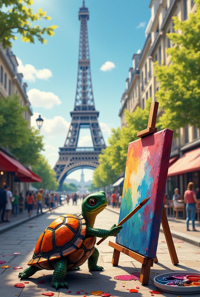 Eiffel Tower masterpiece being painted by a tiny turtle