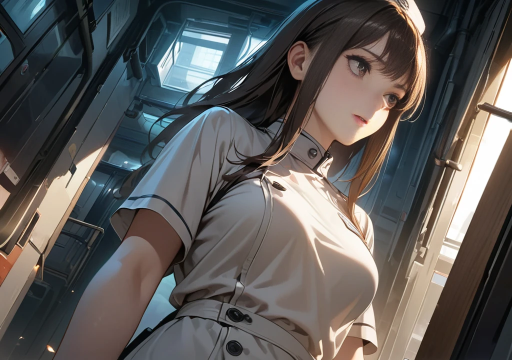 (masterpiece,top quality,high resolution,ultra detailed,ultra high definition,precise,high detail,very detailed,Perfect Fingers,Anatomically correct,ultra fine illustration,official art,HD,cg,8k,16k 1.4),1girl,(Patrol nightworking,detailed face,long straight brown hair,long sidelocks,beautiful detailed brown eyes,perfect female body,glowing skin,tight pale white detailed nurse clothes),highly detailed hospital scene,shadowing face,in Darkness,corridor,windows,looking away, be frightened,looking away,from below,cowboy shot,