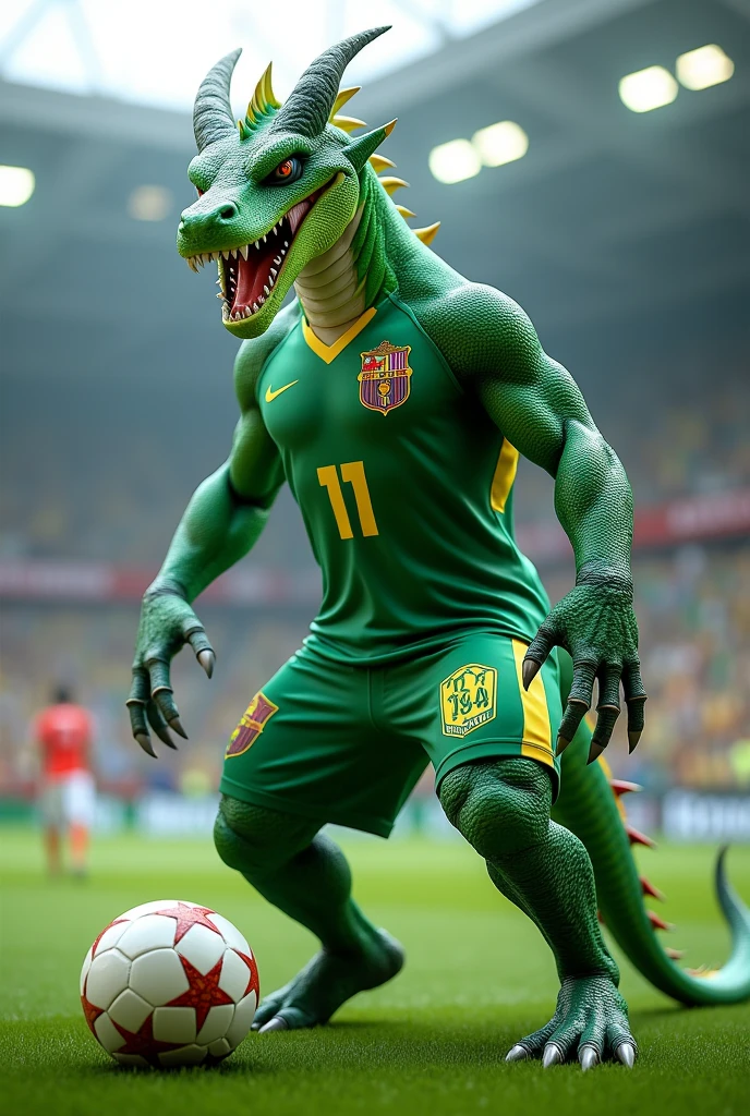 Green dragon with muscular human body in soccer uniform