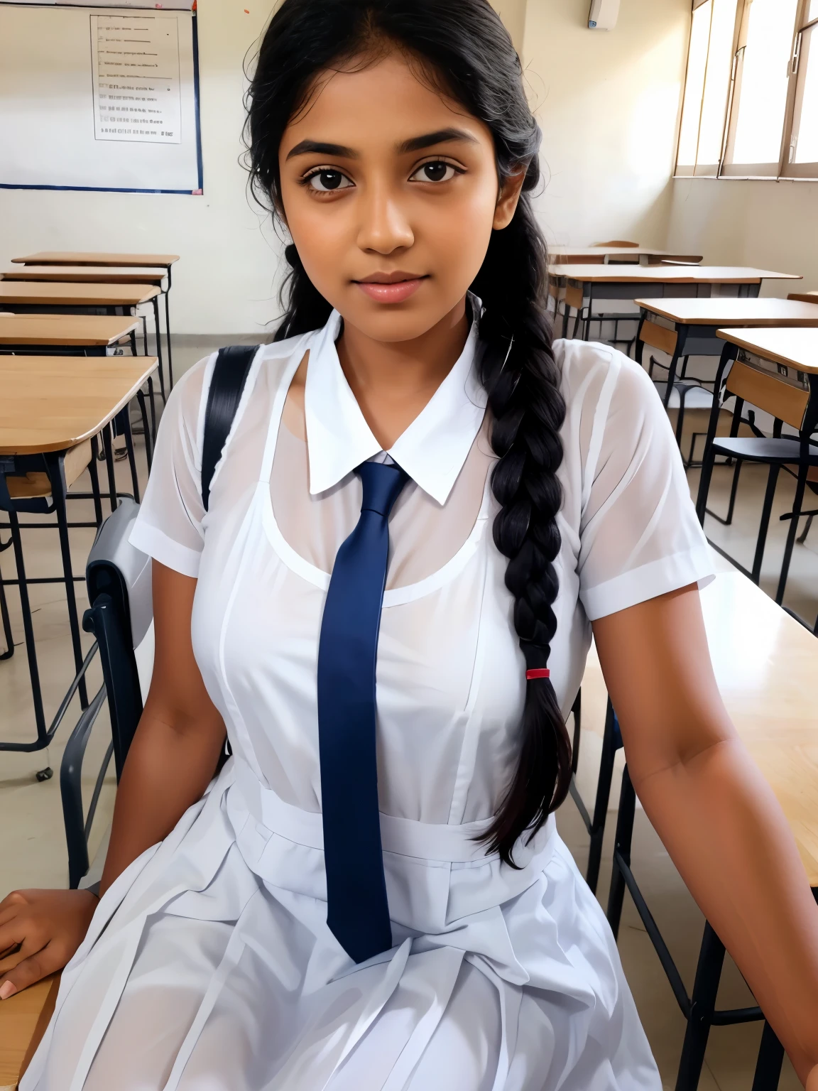 Srilankan school girl , school white frock,in the classroom, frock with pockets , wearing white vest camisole as a undergarment , see through 