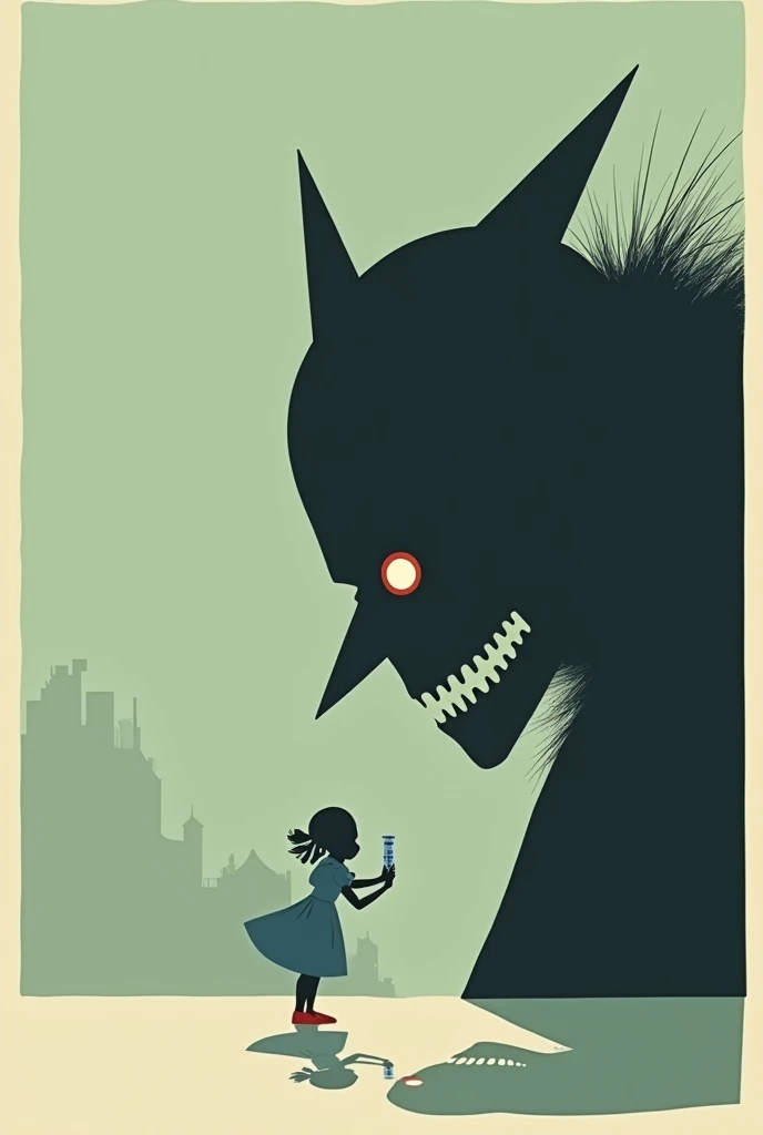 "A minimalist illustration of The Wizard of Oz, capturing the moment when Dorothy confronts the Wizard. Dorothy, depicted in a simple silhouette with her iconic blue dress and red shoes, stands facing a large, mechanical head. The head is stylized with bold, clean lines and minimal detail, glowing eyes emphasized in a striking contrast. Behind the head, a subtle shadow hints at the true figure of the wizard. The scene is designed with a limited color palette, focusing on green, black, and red, and features Olly Moss's signature use of negative space and clever visual composition."