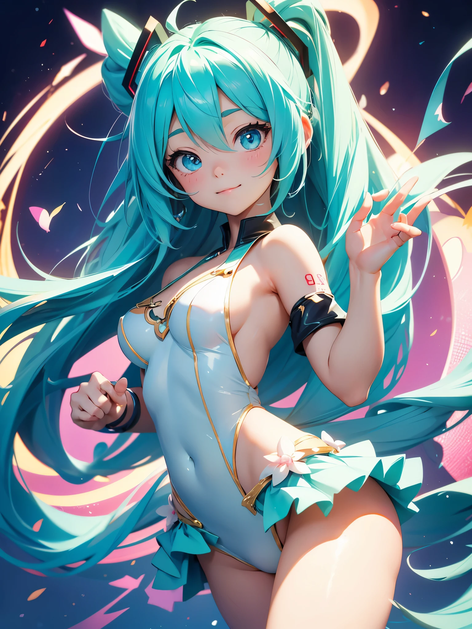 (anime-style cute face)、Hatsune Miku,Highest quality, （（Sharp details））, (8k, RAW Photos, Highest quality, masterpiece), (looking at the camera),Cute Smile、Very big eyes、anatomically correct body、Big thighs、Muscular woman、The face is bright、Professional Lighting、Cute little breasts、Emphasis on the chest、（Swimsuit:0.8）、Shake it up、