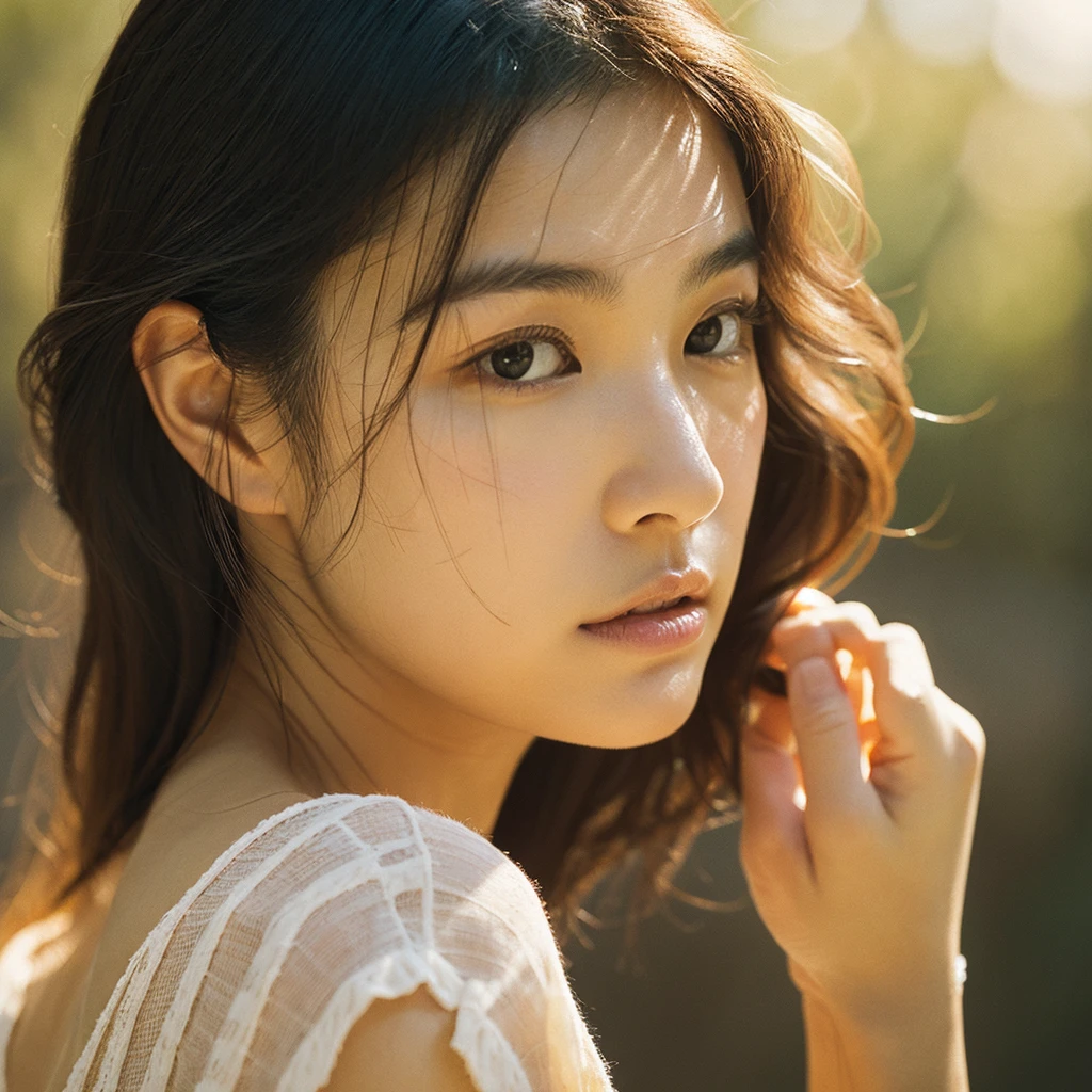 A hyper-realistic image of a single Japanese woman in her early 20s, captured with the nostalgic warmth and subtle graininess of a film camera, focusing on her upper body from the shoulders up. Her skin has a warm beige tone with a natural, slightly rough texture that includes visible pores, fine lines, and subtle imperfections such as small blemishes, adding to the authenticity of her appearance. The soft, diffused natural light enhances the film-like quality, casting gentle shadows across her face and shoulders to create a timeless, organic feel. Her straight, glossy black hair frames her face in a natural, slightly tousled manner, and her deep brown eyes reflect the ambient light, adding depth and emotion. The film camera effect introduces a slight grain and a softer focus, giving the image a warm, nostalgic atmosphere while maintaining the realistic texture of her skin. She is dressed in a simple, elegant top that complements her natural beauty, with the overall composition designed to evoke a sense of genuine, understated elegance. The use of natural light, combined with the deliberately rougher texture of her skin and the film-like qualities, ensures that this image captures the imperfections that make her beauty truly lifelike, focusing solely on this one individual from the shoulders up.