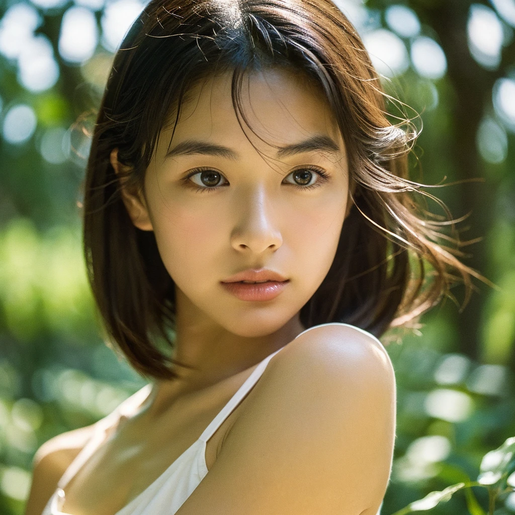 A hyper-realistic image of a single Japanese woman in her early 20s, captured with the nostalgic warmth and subtle graininess of a film camera, focusing on her upper body from the shoulders up. Her skin has a warm beige tone with a natural, slightly rough texture that includes visible pores, fine lines, and subtle imperfections such as small blemishes, adding to the authenticity of her appearance. The soft, diffused natural light enhances the film-like quality, casting gentle shadows across her face and shoulders to create a timeless, organic feel. Her straight, glossy black hair frames her face in a natural, slightly tousled manner, and her deep brown eyes reflect the ambient light, adding depth and emotion. The film camera effect introduces a slight grain and a softer focus, giving the image a warm, nostalgic atmosphere while maintaining the realistic texture of her skin. She is dressed in a simple, elegant top that complements her natural beauty, with the overall composition designed to evoke a sense of genuine, understated elegance. The use of natural light, combined with the deliberately rougher texture of her skin and the film-like qualities, ensures that this image captures the imperfections that make her beauty truly lifelike, focusing solely on this one individual from the shoulders up.