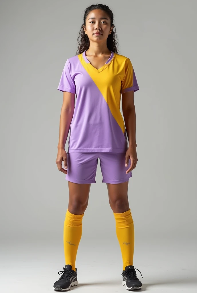 Hello, design me a uniform for a women's soccer team, pastel purple shorts,
V-neck T-shirt , diagonally burnt yellow below and half pastel purple above and half burnt yellow, woman full body looking forward. Without white color