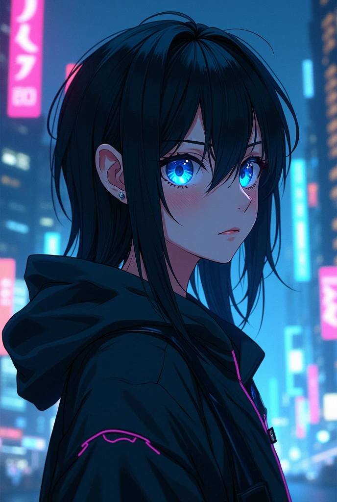 Generate me a anime 1 boy with long black hair and a little glowing blue eyes with a hoodie in cyberpunk anime style 