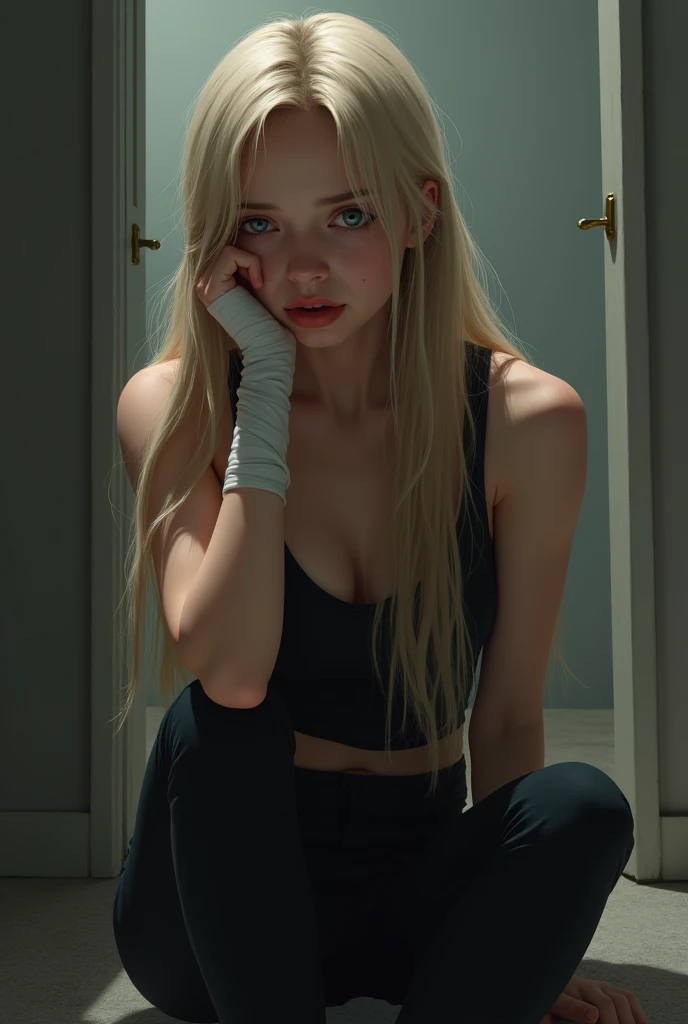 A beautiful slim girl with long blond hair. Dziewvzyna ma czarne spodnie i top. The girl has a bandaged hand. Her face shows fear and pain..