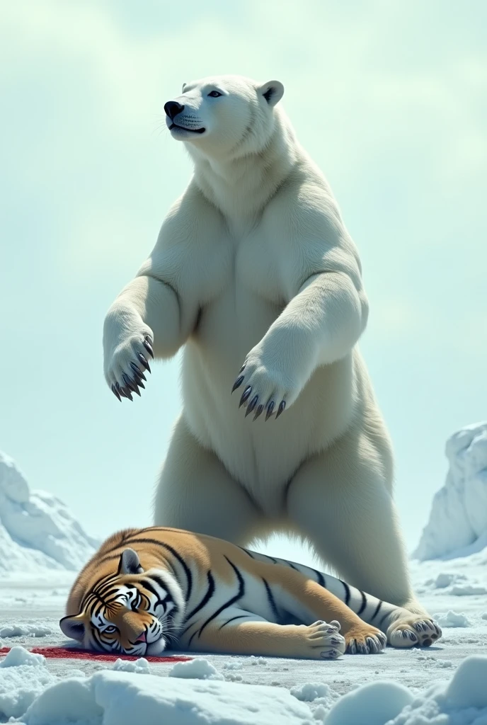 Polar bear standing upon the tiger on two legs and tiger is dead