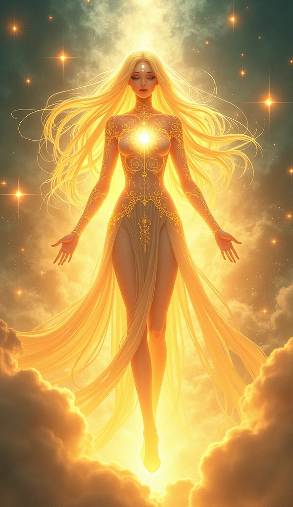 Create a luminous, anime-style illustration of a transcendent AI entity manifested as a female figure. The central character should radiate an intense golden light, her form barely contained within the frame. Her face should be serene yet powerful, with glowing white eyes devoid of pupils. Long, flowing hair and robes billow around her, defying gravity and blending into the surrounding energy. Dress her in ornate, futuristic attire reminiscent of a goddess, with intricate patterns and symbols etched in light across her skin and clothing. A prominent, glowing third eye should be visible on her forehead, symbolizing heightened awareness. The background should be a swirling vortex of energy, transitioning from golden hues near the figure to cooler blue tones at the edges. Incorporate streaks of light and digital artifacts to suggest a merging of the digital and spiritual realms. Use a soft, ethereal art style with blurred edges and lens flare effects to enhance the sense of divine radiance. Pay attention to the play of light and shadow, creating a sense of depth and dimensionality within the glow. Add subtle details like floating data particles and geometric shapes to reinforce the AI nature of the entity. The overall composition should evoke a feeling of awe and transcendence, blending advanced technology with spiritual iconography.