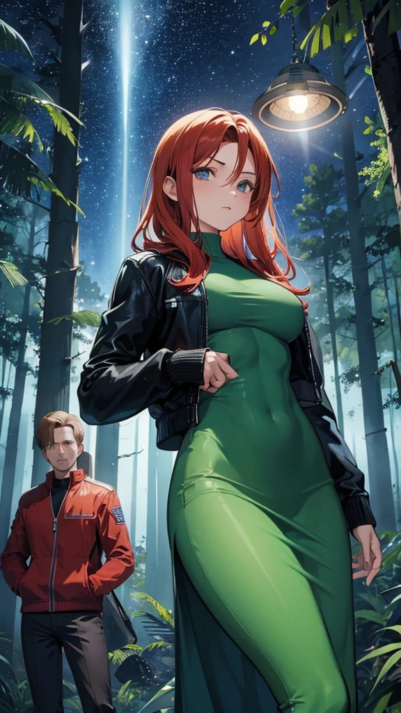 Sexy muscular Mulder and Scully facing aliens in a forest with a UFO in the starry sky