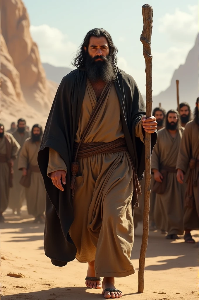 40 year old man with black beard wearing brown and black clothes and a Hebrew staff walking in a desert with mountains with a crowd of Hebrews behind him,realistic styling 