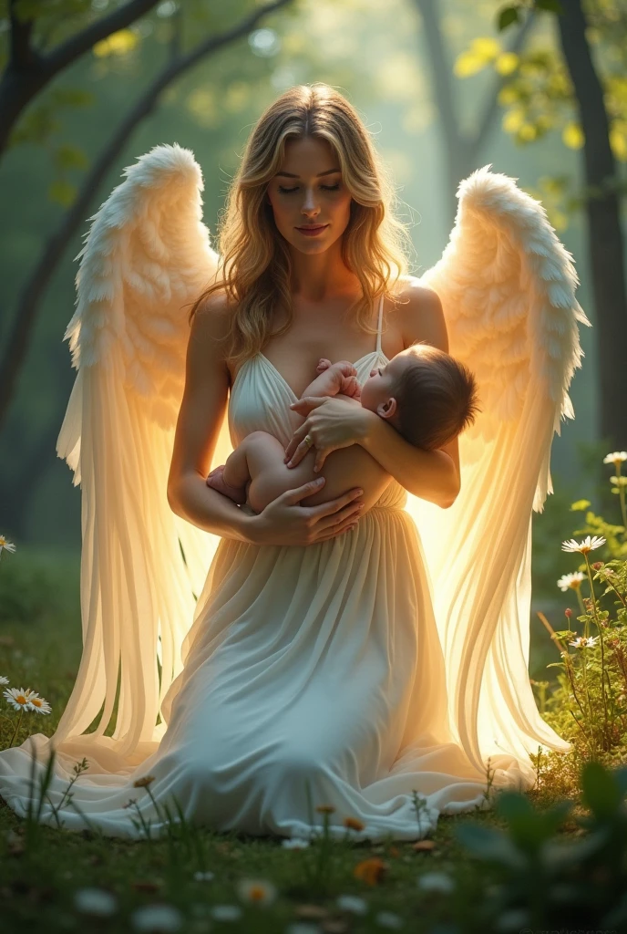 realistic photo, best definition, hdr definition, a woman, wears a long light white dress, the features of her face are empathetic, she is on her knees facing the camera, large angel wings on her back, she is holding a  in her arms, she protects the chilh her wings, a glow surrounds her body, the peaceful and relaxed Zen spirit, in the background an enchanting forest, this scene in its details is a masterpiece