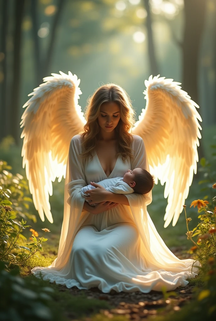 realistic photo, best definition, hdr definition, a woman, wears a long light white dress, the features of her face are empathetic, she is on her knees facing the camera, large angel wings on her back, she is holding a  in her arms, she protects the chilh her wings, a glow surrounds her body, the peaceful and relaxed Zen spirit, in the background an enchanting forest, this scene in its details is a masterpiece