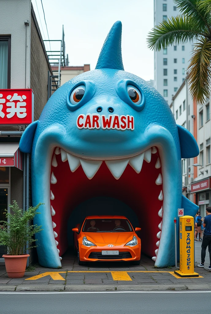 A car wash business with a small shark with its mouth open as the store&#39;s facade
