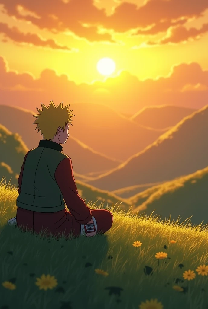 Naruto looking at a yellow sunrise sitting on grass on a mountain slope covered with greenery